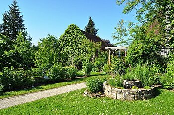 Kreislehrgarten (Monheim, Naturpark Altmühltal) Ein Garten, durch den ein Weg läuft, mit vielen grünen Büschen und Pflanzen.