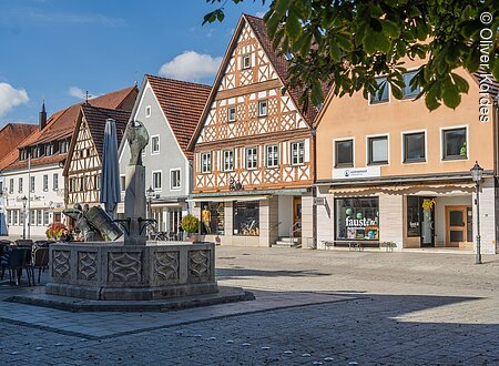 Historischer Marktplatz mit Fachwerkhäusern und Brunnen, umgeben von Geschäften und Cafés.