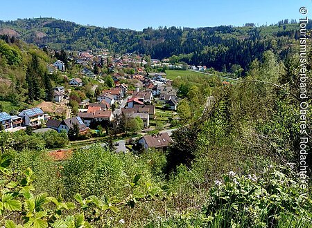 Blick auf ein Dorf in einer hügeligen, bewaldeten Landschaft mit Häusern und grünen Bäumen.