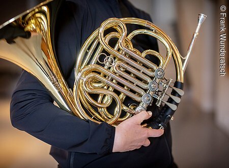 Eine Person hält ein Horn.