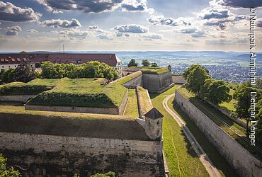 Luftaufnahme einer historischen Festungsanlage mit grasbedeckten Mauern und Wegen, im Hintergrund Landschaft und Stadt.