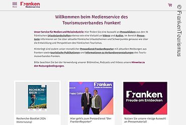 Screenshot der Webseite des Medienservice des Tourismusverbandes Franken mit Begrüßungstext und drei verlinkten Angeboten darunter.