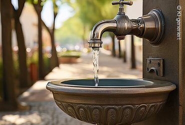 Wasser fließt aus einem Metallwasserhahn in ein dekoratives Becken im Freien bei Tageslicht.