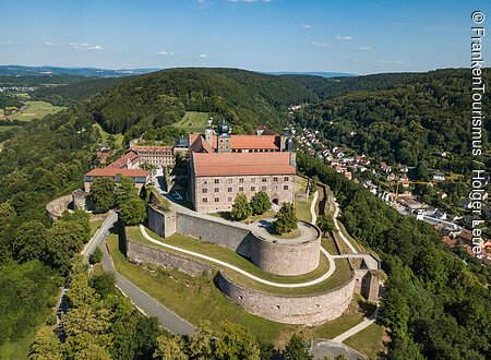 Die Luftaufnahme einer Burg auf einem zum Teil bewaldeten Hügel